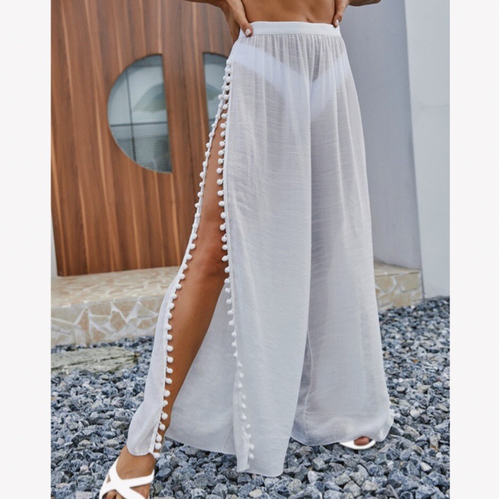 🐚 TALL WHITE POM POM SLIT HIGH WAIST BEACH PANTS! - Picture 5 of 12